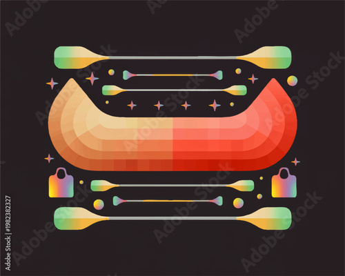 Abstract geometric water sports composition featuring a vibrant red canoe and colorful paddles on a dark starry background