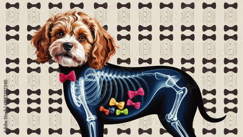 Whimsical dog anatomy illustration with xray skeleton, colorful bow ties, curly spaniel portrait and tuxedo pattern background