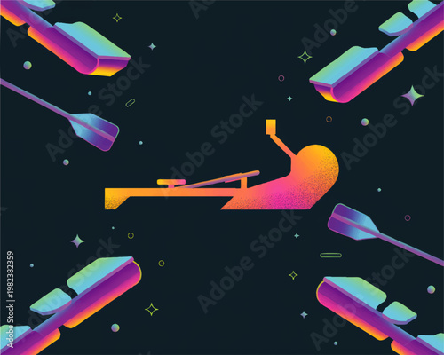 Neon rowing machine workout illustration with oars in space, vibrant gradient fitness concept on dark cosmic background