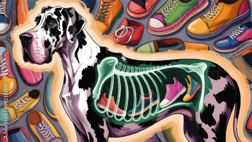 Great Dane anatomy illustration with xray skeleton and colorful shoes background, whimsical veterinary art concept