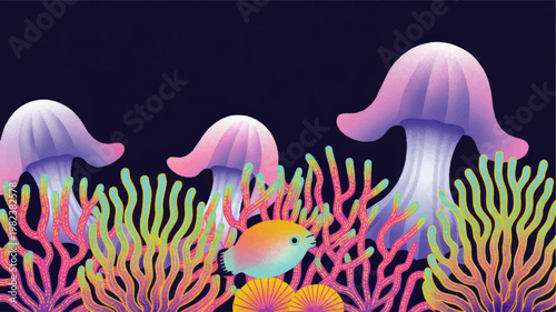 Colorful underwater fantasy illustration with jellyfish coral reef tropical fish and neon marine life on dark ocean background