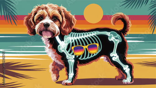 Retro beach dog illustration with xray skeleton and colorful sunglasses, cute puppy on tropical sunset shore vector art
