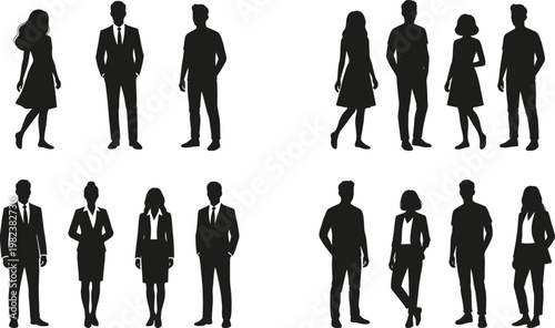 Business people silhouettes set featuring men and women in formal and casual outfits, corporate professionals standing, office team isolated vector illustration collection