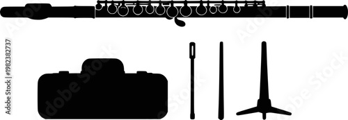 Flute woodwind instrument with accessories silhouette vector illustration set