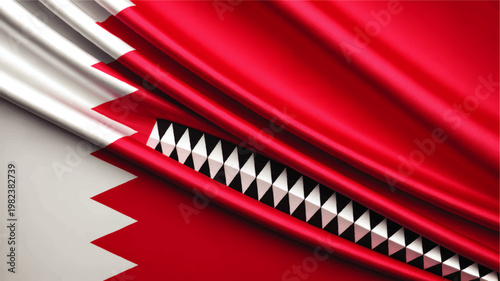 Close Up of Waving Qatar Flag Fabric with Serrated White and Red Pattern, National Symbol Background, Patriotic Banner