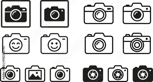Camera and photography line icons set featuring photo devices, lenses, gallery symbols and media elements, minimal outline vector illustration isolated