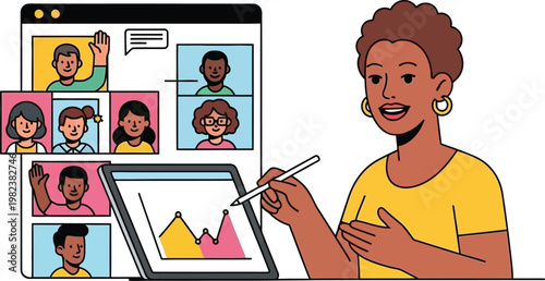 A woman presenting to a group of people on a video call