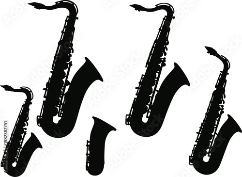 Saxophone woodwind instrument multiple types silhouette vector illustration set