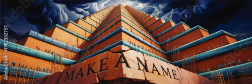 Ancient ziggurat tower under dramatic storm clouds, cinematic fantasy architecture illustration with monumental stone engraving