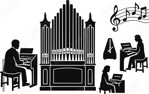 Pipe organ and pianist silhouette vector illustration set