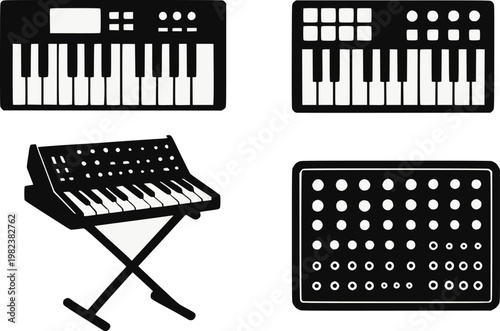 Synthesizer and MIDI controller multiple types silhouette vector illustration set