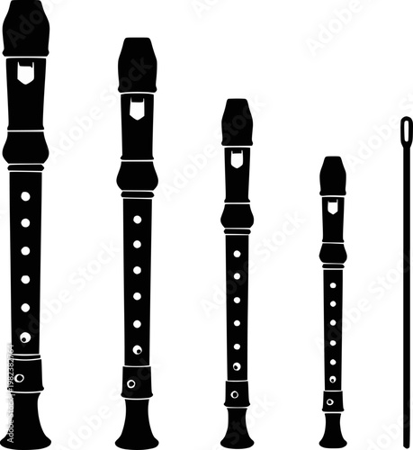 Recorder woodwind instrument multiple sizes silhouette vector illustration set