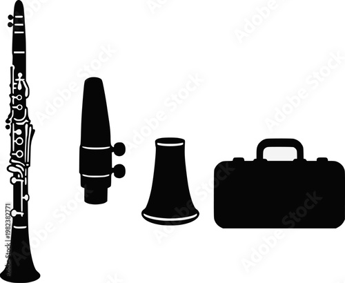 Clarinet woodwind instrument with accessories silhouette vector illustration set