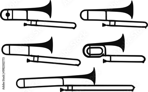 Trombone brass instrument multiple poses silhouette vector illustration set