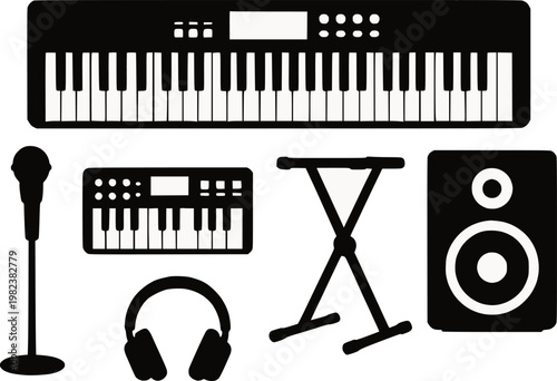 Keyboard and music equipment set silhouette vector illustration