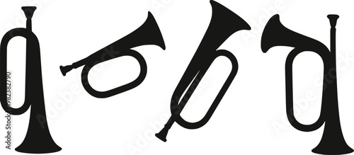 Bugle brass instrument multiple poses silhouette vector illustration set