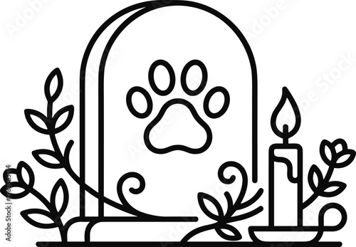 A simple line drawing of a pet grave with a candle and leaves