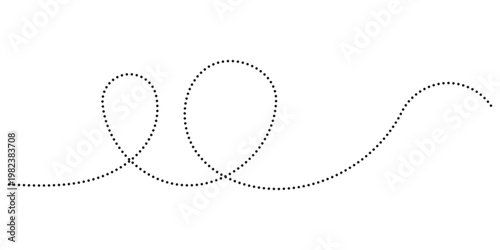 Hand drawn curve dotted line, Spiral dotted line hand drawn, Dotted lines path on white background. Travel dotted line trip dashed trace destination track plan and silhouette travelling symbol in eps.