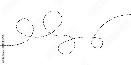 Hand drawn curve dotted line, Spiral dotted line hand drawn, Dotted lines path on white background. Travel dotted line trip dashed trace destination track plan and silhouette travelling symbol in eps.