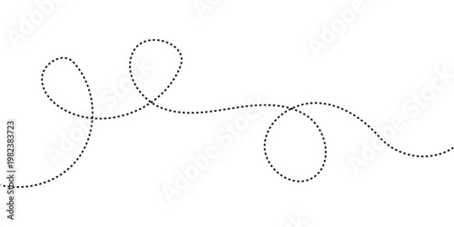 Hand drawn curve dotted line, Spiral dotted line hand drawn, Dotted lines path on white background. Travel dotted line trip dashed trace destination track plan and silhouette travelling symbol in eps.