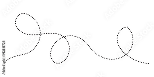 Hand drawn curve dotted line, Spiral dotted line hand drawn, Dotted lines path on white background. Travel dotted line trip dashed trace destination track plan and silhouette travelling symbol in eps.
