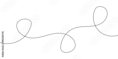 Hand drawn curve dotted line, Spiral dotted line hand drawn, Dotted lines path on white background. Travel dotted line trip dashed trace destination track plan and silhouette travelling symbol in eps.