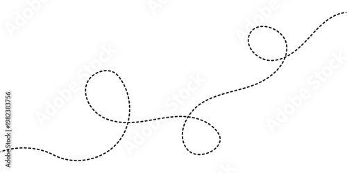 Hand drawn curve dotted line, Spiral dotted line hand drawn, Dotted lines path on white background. Travel dotted line trip dashed trace destination track plan and silhouette travelling symbol in eps.
