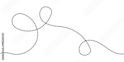 Hand drawn curve dotted line, Spiral dotted line hand drawn, Dotted lines path on white background. Travel dotted line trip dashed trace destination track plan and silhouette travelling symbol in eps.