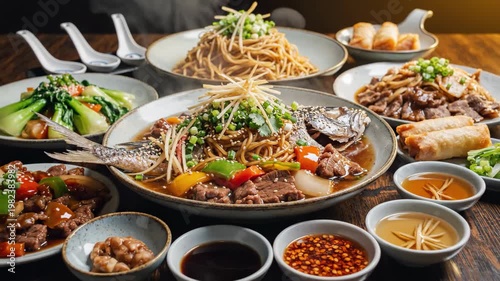 Close-up of assorted Asian dishes on table