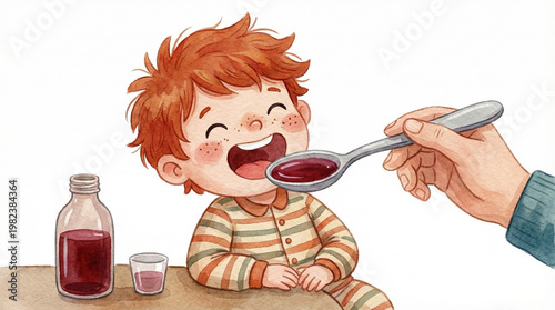 Young boy happily taking medicine from spoon while sitting at table  