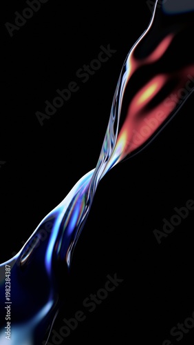 Abstract minimalist glass wavy line on a black background with color refraction effect, vertical 3d render