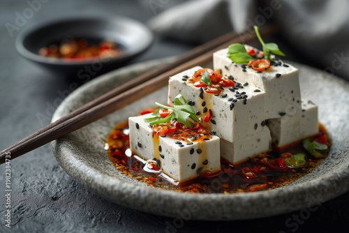 Top view of tofu slices with dipping sauce and chopsticks
