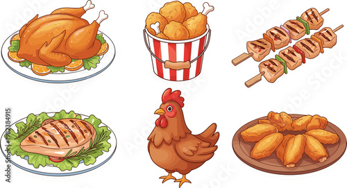 Delicious Cooked Chicken Dish Vector Set with Roast Fried Skewers Grilled Breast Wings and Farm Hen for Restaurant Menu Design
