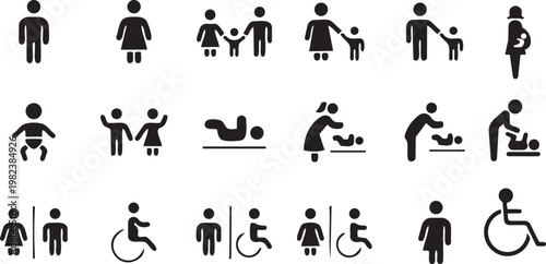 Restroom Signage for Everyone: An inclusive collection of restroom signage, designed to communicate access for every person, representing diversity and accommodating various needs.