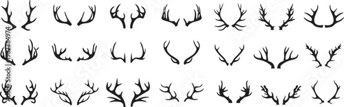 Diverse Antler Collection: An array of detailed antler illustrations, showcasing various shapes and sizes. A versatile visual resource perfect for design projects and nature-themed creations. 
