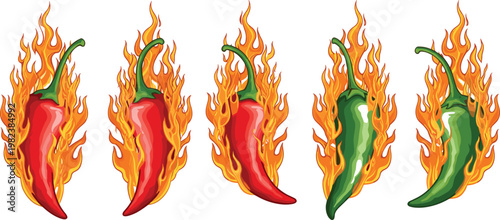 Red and Green Hot Chili Peppers Burning in Fire Flames Vector Illustration Set for Spicy Mexican Food and Sauce Label Design Concepts