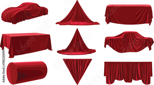 Red Silk Cloth Reveal Cover Set for Car Launches Mystery Objects Award Trophies and Presentation Events with Elegant Draped Fabric Textures