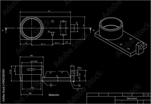 Assembly drawing of bearing block.
Vector design of steel mechanical device with 
dimension lines.
Engineering technic computer cad scheme on 
black background. Hand drawn sketch.