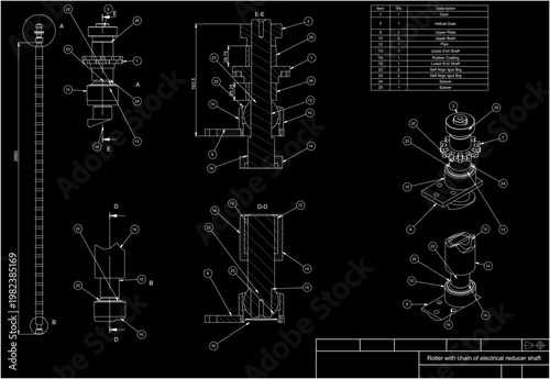 Assembly drawing of roller with chain of electrical reducer shaft. Vector design of steel mechanical device with dimension lines.
Engineering technic computer cad scheme on 
black background. 