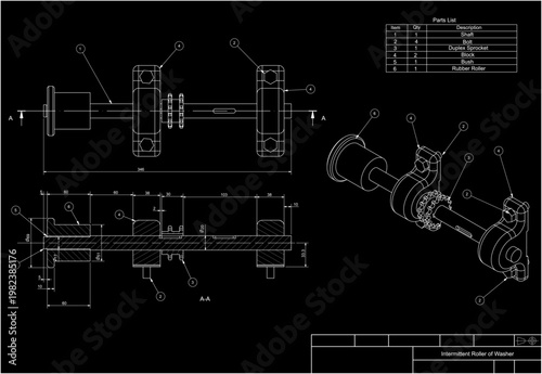 Assembly drawing of roller, sprocket
with bracing and shaft of washer.
Vector design of steel mechanical device with 
dimension lines.
Engineering technic computer cad scheme on 
black background. 