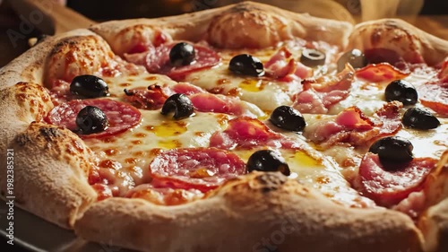 Delicious pepperoni and black olive pizza on wooden table