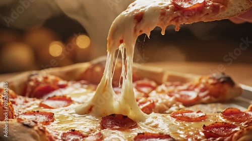 4k slow motion close-up of fresh pizza being sliced with melted cheese and toppings in cozy kitchen