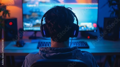 Young boy wearing large headphones playing immersive video game at neon lit desk