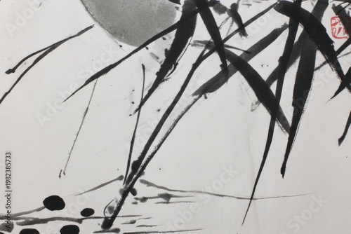 Chinese ink wash painting bamboo stalks and leaves with abstract water and distant mountains