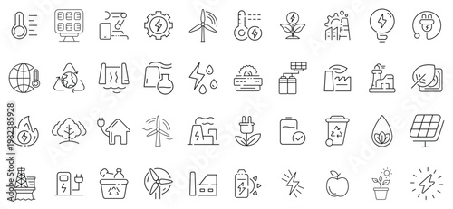 Green Energy and Sustainable Power Line Icons Collection, Renewable Ecology Industry and Clean Technology Outline Vector Set Editable Stroke