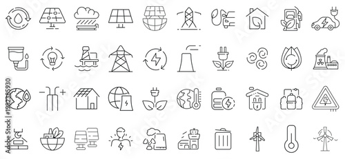Green Energy and Sustainable Power Line Icons Collection, Renewable Ecology Industry and Clean Technology Outline Vector Set Editable Stroke