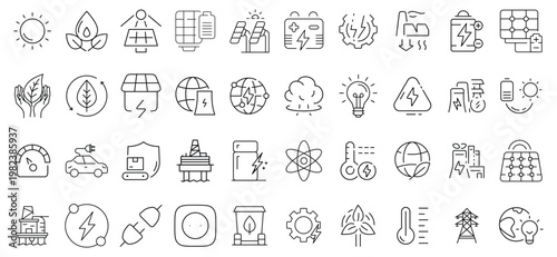 Green Energy and Sustainable Power Line Icons Collection, Renewable Ecology Industry and Clean Technology Outline Vector Set Editable Stroke