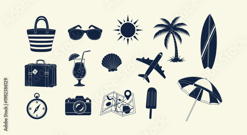 Vector set of flat summer travel icons including beach bag sunglasses palm tree surfboard and map.