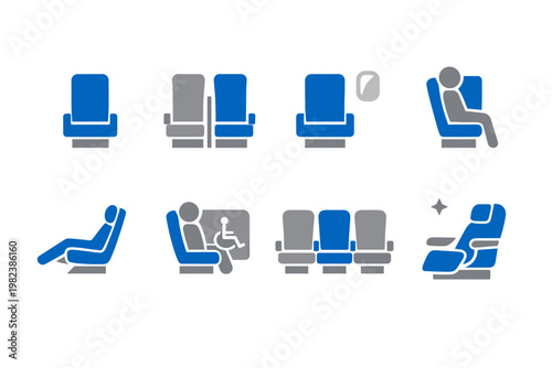 Set of Airplane Seating Icons for Flight Seat Map Design, Including Single Aisle and Window Seats, Occupied Passenger, Reclining Chair, Accessible Seating, Group Rows, and Premium Business Class