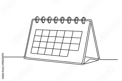 Minimalist continuous line drawing of a desk calendar with spiral binding on white background. Simple vector art of a monthly planner for office organization, scheduling, and time management.